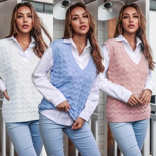 2021 Autumn And Winter New European And American Woman V-Neck Knitted Crochet Vest For Woman Daily Wear Sleeveless Sweater Vest