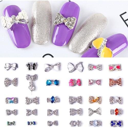 10pcs/pack 3d Nail Charms Bow knot Glitter Clear Gold Silver Rhinestones Bow Ties Crystal Alloy DIY Nail Art Decorations Tools