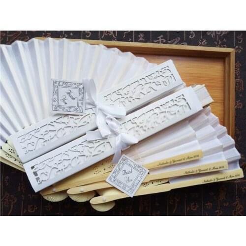 20 pcs/lot Personalized Luxurious Silk Fold hand Fan in Elegant Laser-Cut Gift Box +Party Favors/wedding Gifts+printing