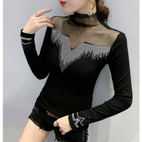 #5780 Black Basic T Shirt Women Spliced Mesh Turtleneck See Through Womens Tee Shirts Long Sleeve T Shirts Female Slim Spring