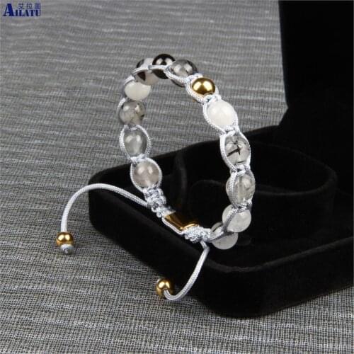 Ailatu New Stainless Steel Back Beads with logo laser printing Men Macrame Bracelet 8mm Natural Rutilated Quartz Stone Beads