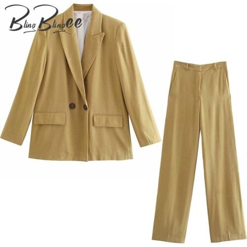 BlingBlingee Za 2021 Autumn Woman Casual Outfits Female Traf Loose Blazers + Straight Pant Suits OL Style Khaki 2 Piece Sets