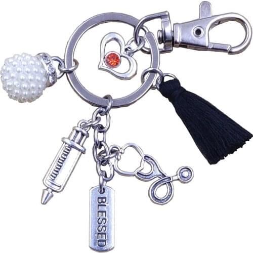 Engraved Blessed Lettered Word Charm Stethoscope Needle Syringe Keychain Key Ring Tassels Men Women Patient Gift BN081-120