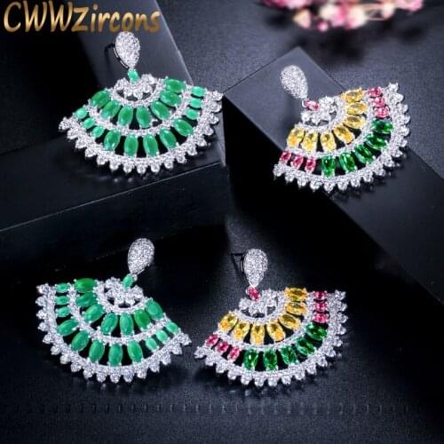 CWWZircons Beautiful MultiColored Cubic Zirconia Jewelry Fan Shape Fashion Brand Big Green CZ Wedding Earring For Women CZ144