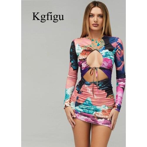 KGFIGU 2021 New Arrival Print One Shoulder Dress Long Sleeve Multi Color Sexy Vestidos Lady Night Party Birthday Skinny Clothes