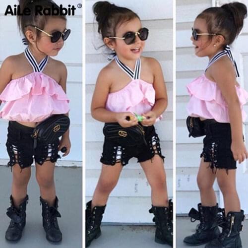 2020 Girls Set Summer European And American Style Strapless Strap Tops Denim Shorts Two-Piece Set