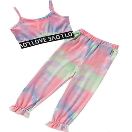 2 Pcs Toddler Tie-dye Print Outfits, Baby Spaghetti Strap Short Letter Tank Top Ankle Banded Pants with Pockets