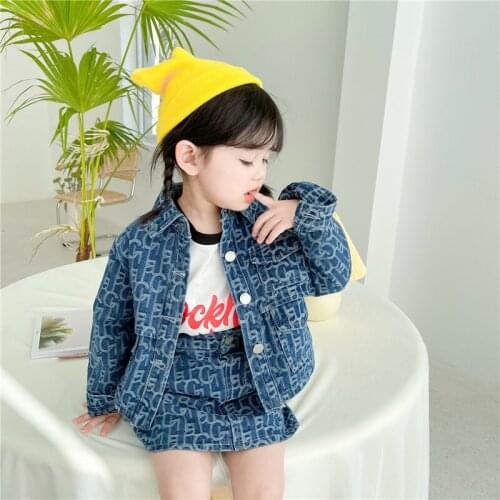 2021 Spring Autumn New Toddler Girls Clothing Sets Korean Fashion Print Jeans Jacket+A-line Denim Skirt Outfit 2pc Kids Sets