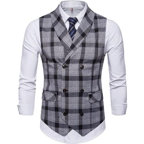 Mens Business Vest Thick Stripes Lattice Shawl Collar Double-Breasted Waistcoat Leisure Slim Fit For Formal Business Vest