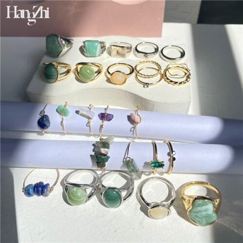 New Vintage Natural Colorful Green Stone Smily Irregular Metal Rings Set HANGZHI 2021 for Women Girls Party Jewelry