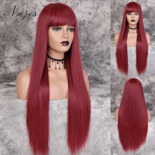 AISI HAIR 30inches Straight Long Wig Red Wig With Bangs Three Colors Heat Resistant Fiber Synthetic Wigs for Black Women