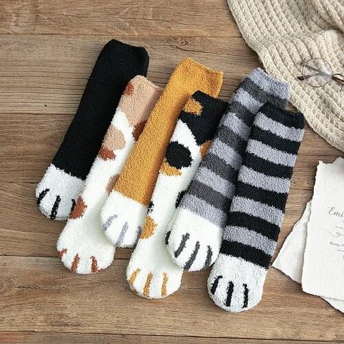 Cute Cat Claw Shape Warm Womens Socks Cute Cartoon Autumn Winter Keep Warm Indoor Floor Socks Coral Velvet Sleep Accessories