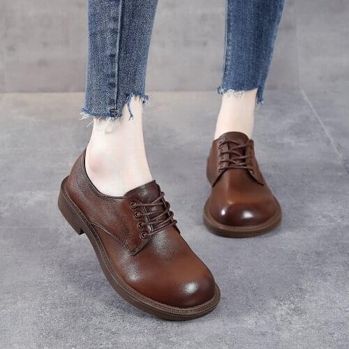 2021 New First Layer Cowhide Retro Set Feet Handmade Round Head Comfortable Thick Heel Mid-heel Womens Shoes Single Shoes