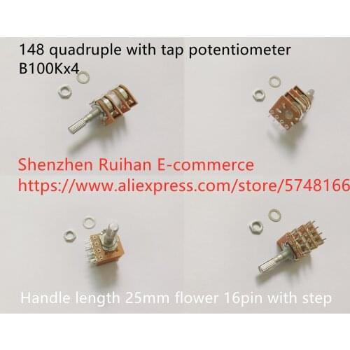 Original new 100% 148 quadruple with tap potentiometer B100Kx4 handle length 20mm flower 16pin with step (SWITCH)