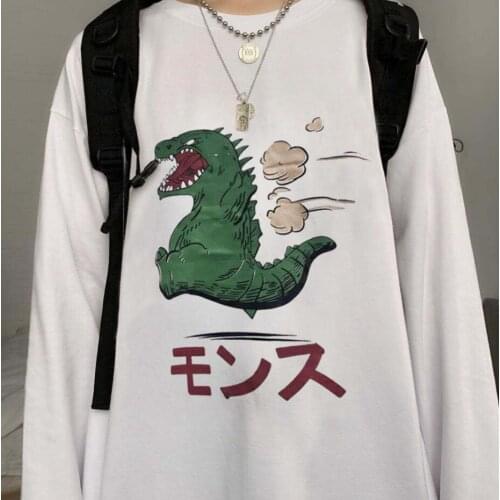 Harajuku Autumn New Korean Ins Retro Trend Japanese Cartoon Dinosaur Print Loose Couple Long-sleeved T-shirt for Men Women Tops