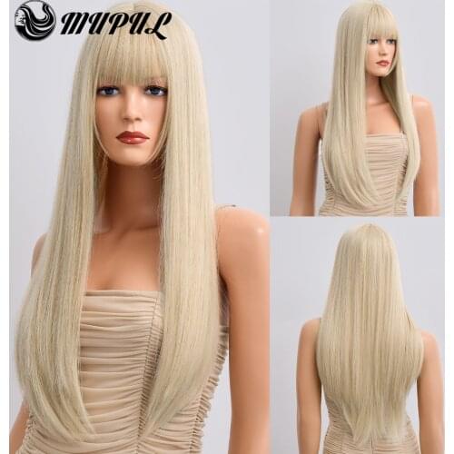 Straight Long Blonde Colored Daily Synthetic Wigs With Bangs For White Women Nutural Fiber Heat Resistant Hair Cosplay Wig