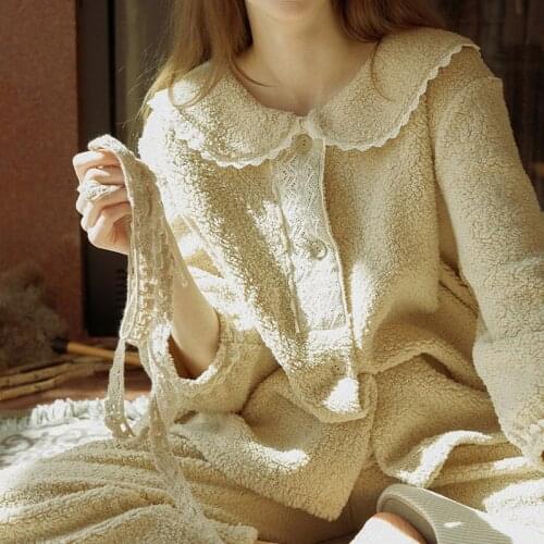 Winter Leisure Cute Solid Color Bubble Fleece Pajamas For Teen Girls Turn-Down Collar Long Sleeve Trousers Home Wear Nightwear