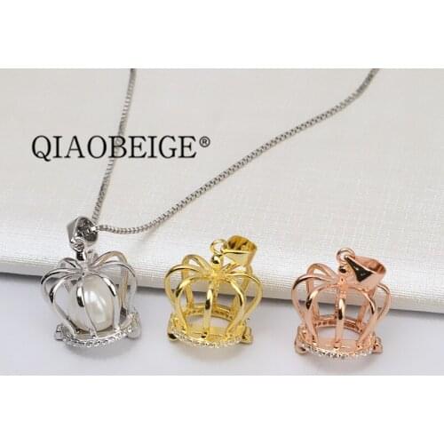 QIAOBEIGE cage 925 sterling silver charm pendant pearl necklace designs 7-8.5mm no hole small pearl pendant for DIY making