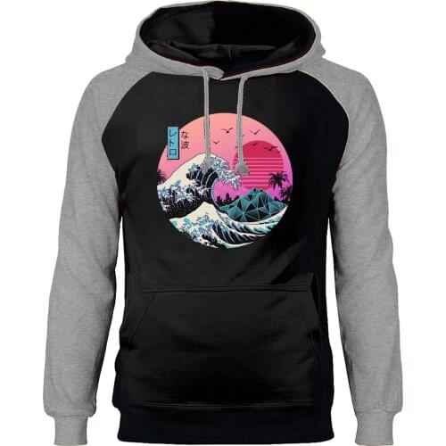 Hoodies Men Great Retro Wave Japan Anime Vaporwave Kanagawa Hooded Sweatshirts Classic Painting Raglan Harajuku Print Streetwear