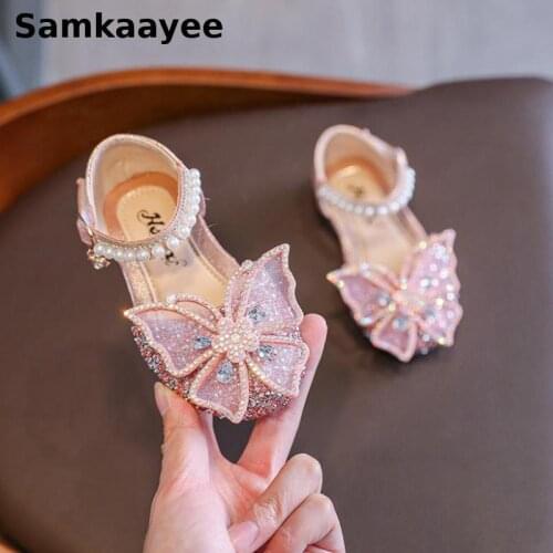 0-18y Kids Leather Shoes Spring Autumn Children Girls Shoes Glitter Princess Bow Beads Butterfly Knot Pink Dance Footwear y30