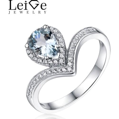 Leige Jewelry Natural Aquamarine Engagement Ring for Women Pear Cut 925 Sterling Silver Fine Jewelry March Birthstone Rings