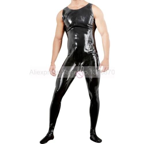 Neck In Latex Mans Bodysuit Catsuit with Penis Sheath Condom Socks Attached Sleeveless Suit S-LCM174