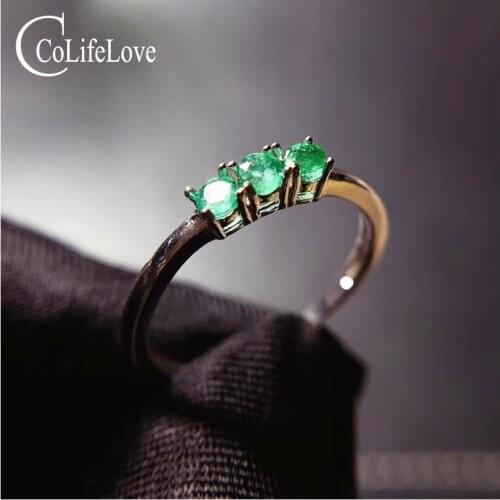 CoLife Jewelry Emerald Ring for Daily Wear 3 Pieces Natural Emerald Silver Ring Solid 925 Silver Emerald Jewelry