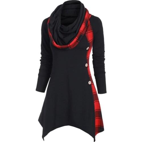 Women Hooded Plus Size Plaid Convertible Neck Mock Button Handkerchief Irregular Dark Sweatshirt Goth Punk Hoodies#G7