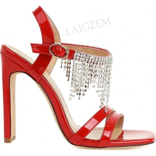 LAIGZEM Crystal Women Sandals Thick Heels Wedding Prom Party Genuine Leather Shoes Woman Sapato Feminino Big Size 39 41 42 43