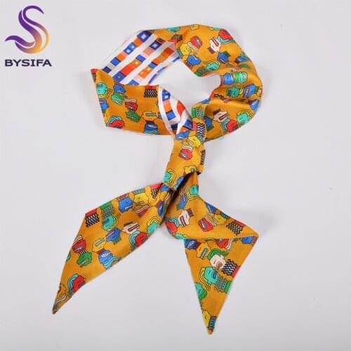 [BYSIFA] Yellow Cartoon Silk Scarf Ribbon Fashion Women Lovely Narrow Long Scarves Headband Female Bag Handle Ribbons Wristband