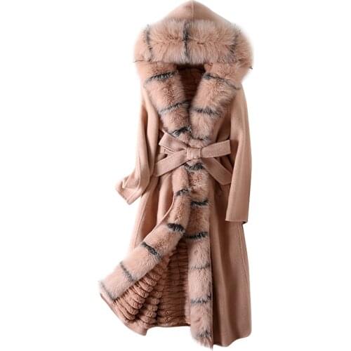 Real Fox Fur Coat Detached Lining Natural Rex Rabbit Fur Parka 100% Double Side Wool Cashmere Coat Casaco Feminino