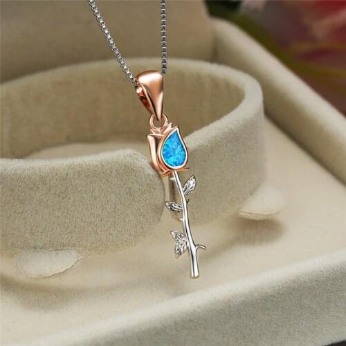 Charm Female Blue Opal Pendant Necklace Korean Silver Color Leaf Necklaces For Women Wedding Rose Gold Flower Necklace