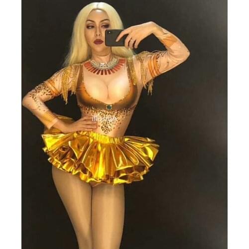Golden Rhinestones Sexy Dress Women Birthday Show Sparkly Crystals Dresses Female Singer Dance Nightclub Party Show Costumes