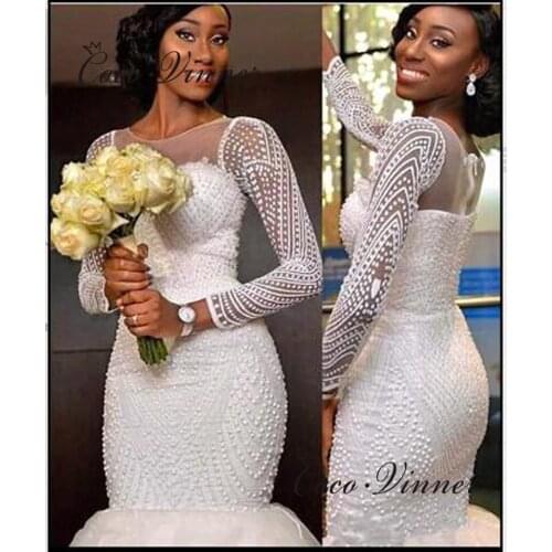 Sheer Neckline Long Sleeves Wedding Dresses Mermaid Heavy Beading Special Style Custom Made Quality Wedding Dress W0622