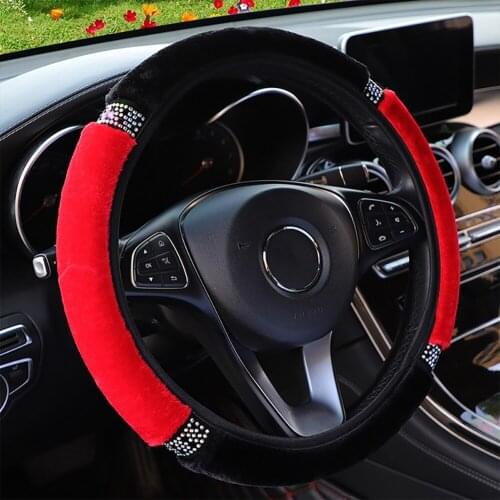 15" Car Steering Wheel Cover Winter Warm Fleece Steering-wheel Cover Bling Rhinestones Crystal Auto Accessories Case Car Styling