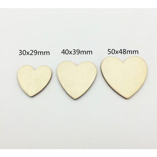 100pcs 30mm 40mm 50mm Wooden Heart Shapes Chips Crafts Scrapbook Embellishments Confetti Wedding Table Decorations