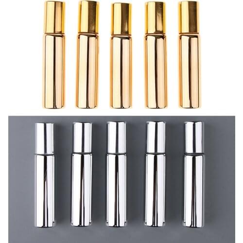 10x, Shiny Silver & Gold, Portable Refillable 10ml Empty Glass Roll on Bottles Essential Oils Sample Vials with Roller Balls