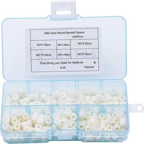 200Pcs/set M3*3/4/5/6/8/10 White Nylon ABS Non-Threaded Spacer OD 7mm Round Hollow Standoff Washer PCB Board Screw Bolt NL25