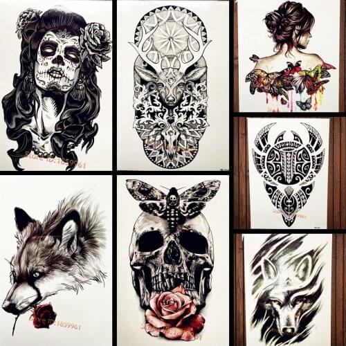 3D Black Henna Flower Deer Temporary Tattoo Stickers For Women Men Sexy Body Art Arm Fake Flash Waterproof Tattoo Moose Totem