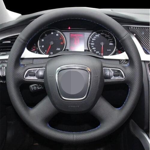 DIY Black Genuine Leather Car Accessories Steering Wheel Cover For Audi A3 A4 (B8) A6 (C6) A8 A8 L Q5 Q7 2007-2011 S8 2008-2009