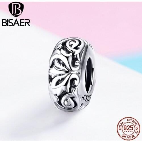 BISAER Vintage 925 Sterling Silver Flower Pattern Beads Exquisite Simple Spacer Charms fit Bracelets Silver 925 Jewelry ECC1139