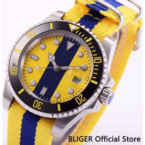 BLIGER Sapphire Crystal 40MM Blue White Dial Black Ceramic Bezel MIYOTA Automatic Movement Mens Wrist Watch Nylon Strap Watch
