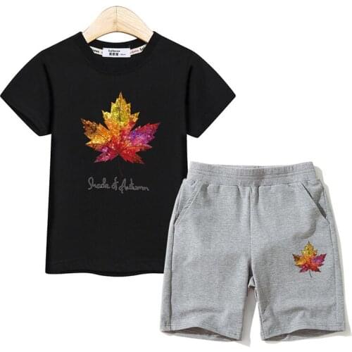 2019 fashion children suit autumn leaves t-shirt boys shorts kids summer sets 2pc clothes cotton tees pants kid outfit costume