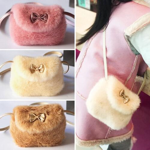 Children Furry Now Bags Warmly Girls Cross Body Mini Purse Bowknot Artificial Fur Bag Kids Birthday Gifts