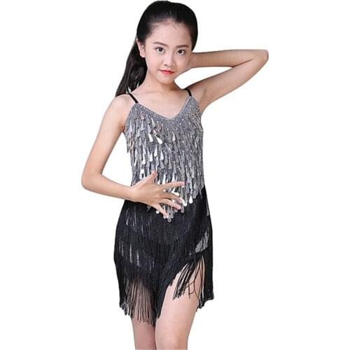 Size S-XXXL Children Dance Dress One Piece Girls Brace Latin Dresses Sequins Fringe Ballroom Latin Dress for Kids