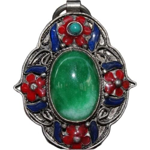 Chinese Old Craft Made Old Tibetan Silver Cloisonne Inlaid Green jade Pendant