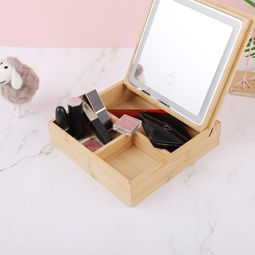 Natural Wood Cosmetic Storage Box with LED Light Portable Cosmetic Mirror Storage Box Cosmetic Case Retro Lighting Makeup Mirror