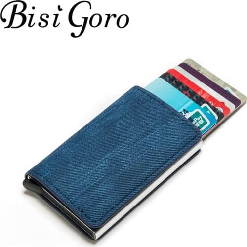 BISI GORO 2020 RFID Anti-theft Id Card Holder Clutch Single Box Men Women Travel Wallet Denim Business Pop-up Metal ID Case