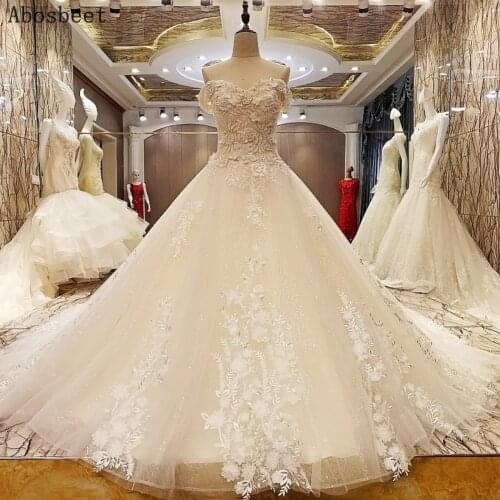3D Lace Flowers Wedding Dress 2021 Elegant Off Shoulder Wedding Gown Bridal 200CM Train Shiny Top Lace Up Back