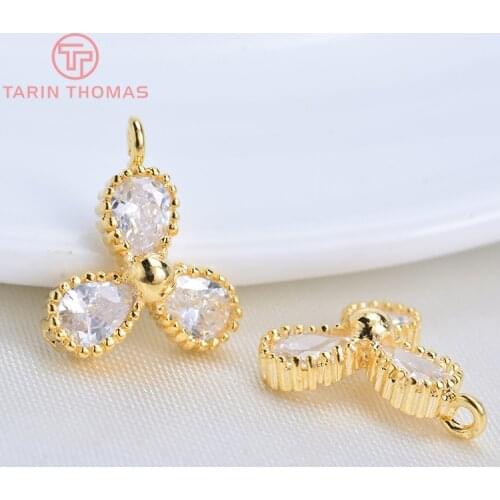 6PCS 9x11MM 24K Gold Color Plated Brass with Zircon 3 Leaves Pendants Charms High Quality DIY Jewelry Making Findings